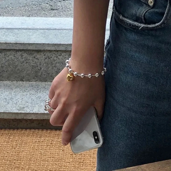 925 Sterling Silver Chunky Silver Heart Beaded Bracelet Statement Bead Bracelet - Picture 5 of 5